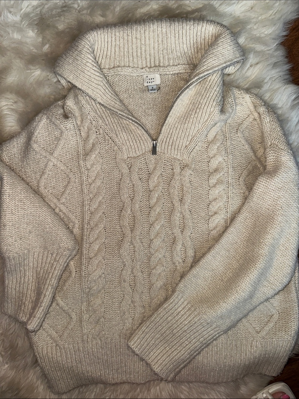 a new day Cream Cable-Knit Half-Zip Cowl Sweater